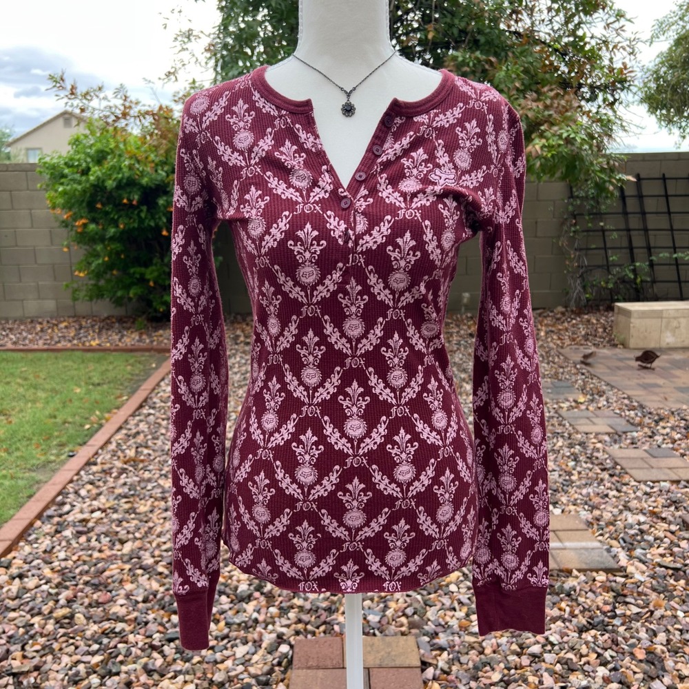 vintage fox all over graphic long sleeve henley top